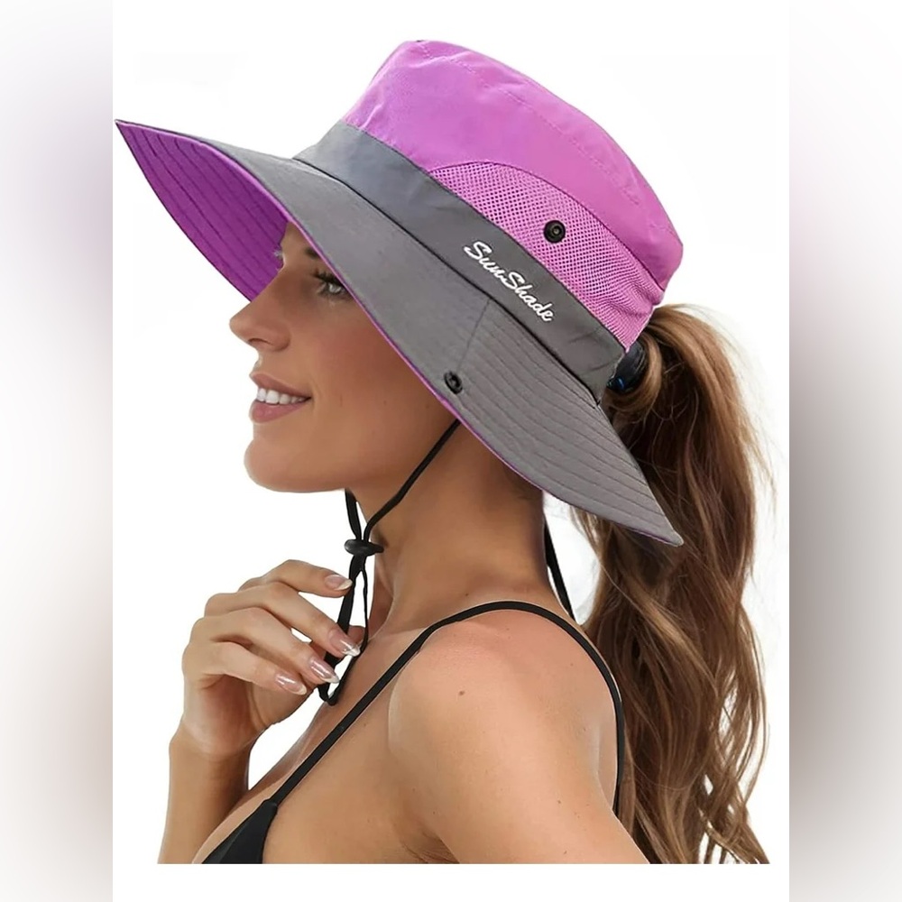 Beach Hat Ponytail Woman’s Sun Hat with UV Protection Wide Brim